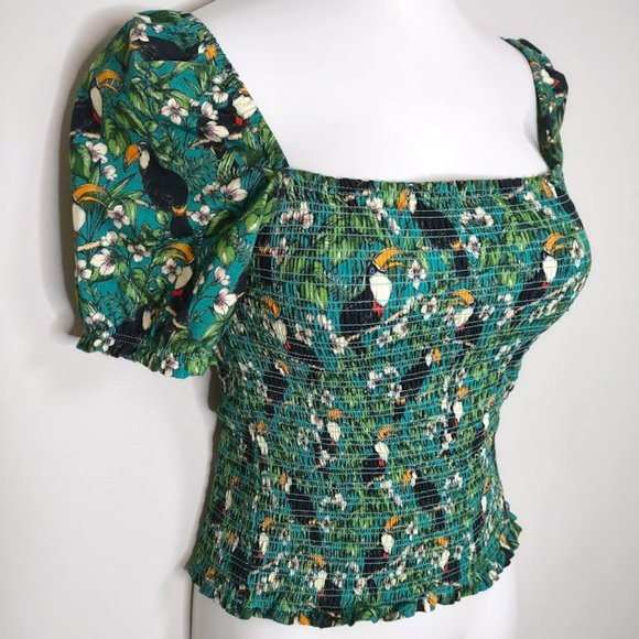 Dolan Left Coast Green Smocked Puffy Sleeve Tropical Print Summer Top - Picture 3 of 11